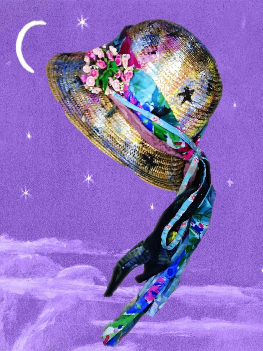 Unique Straw Hat is Upcycled OOAK, Hobo Chic Bohemian Poverty Core + HAT BOX - Picture 1 of 9